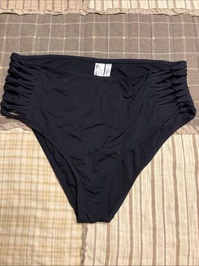 Ambrielle Black High-Waist Bikini Bottom with Side Strappy Detail